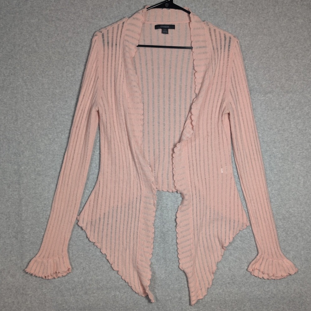 Express Cardigan Women Small Pink Ruffle Trim Vintage Shabby Chic Pastel Crochet